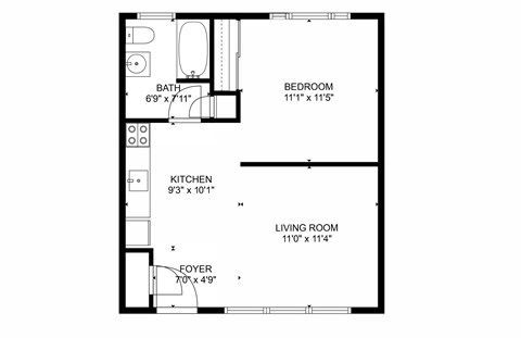 Floor plan for 1 bed, 1 bath, 500 sqft